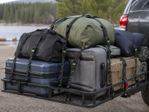 Contractor grade adjustable straps holding bags and gear in a travel car bed