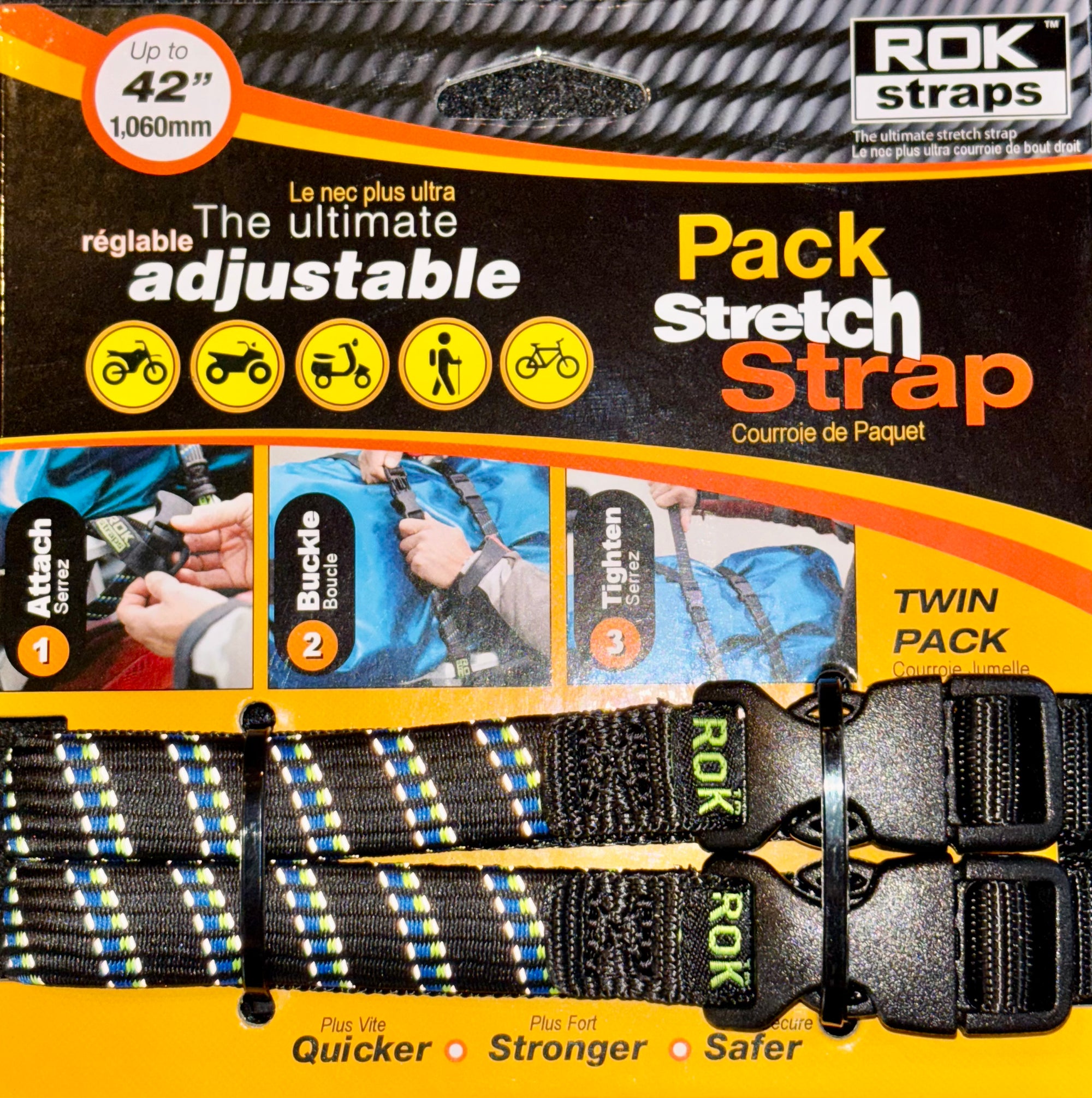 Pack Strap Stretch Strap - 42" x 5/8"- Black with blue/green stripe REFLECTIVE