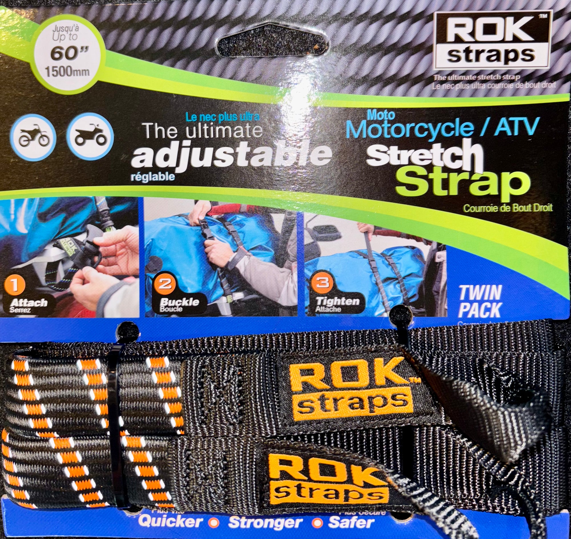 Motorcycle ATV Stretch Strap 60" Black & Orange REFLECTIVE
