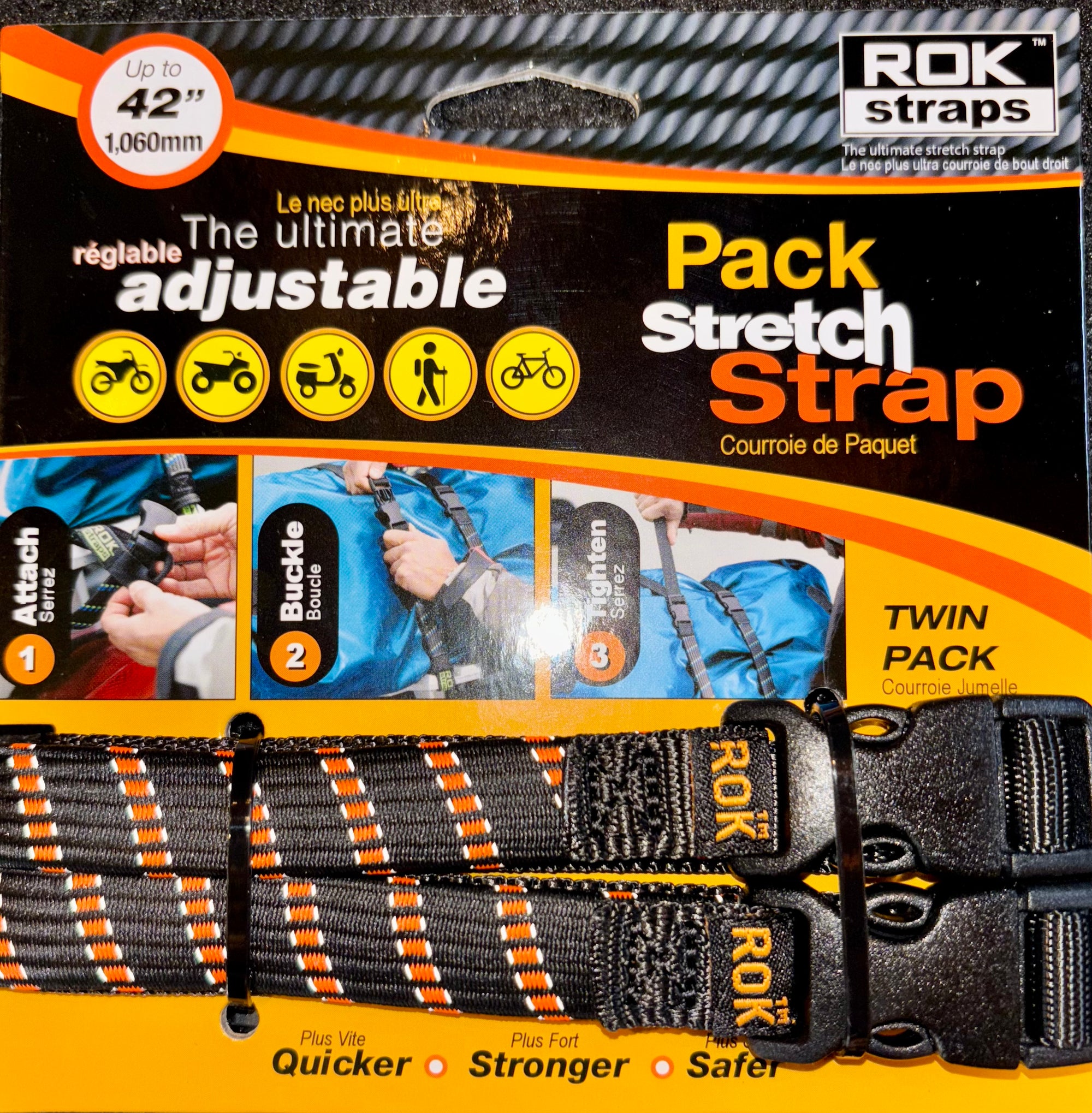 Pack Strap Stretch Strap - 42" x 5/8"- black with orange REFLECTIVE