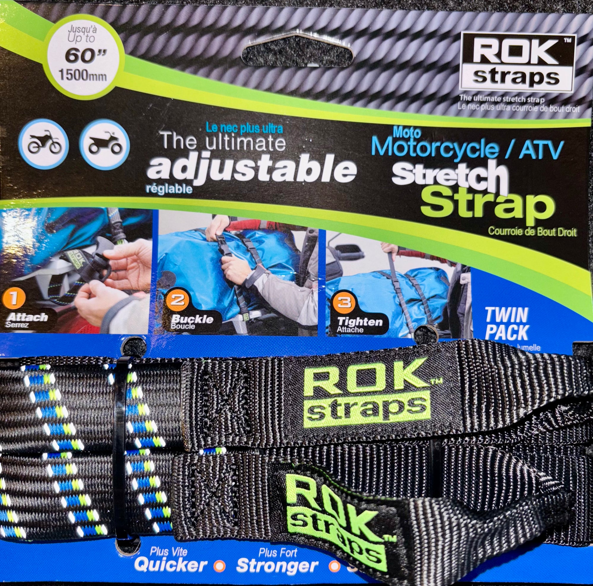 Motorcycle ATV Stretch Strap 60" Black w Blue & Green REFLECTIVE