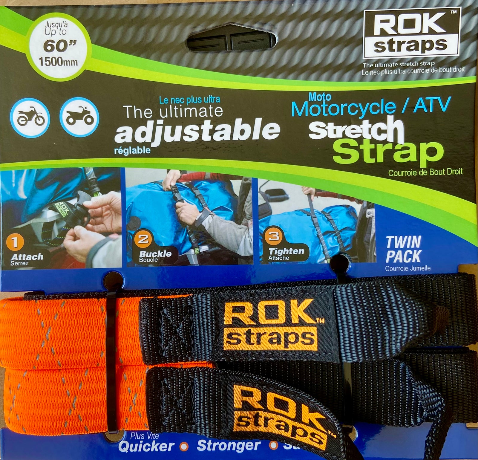 Sangle extensible pour moto/VTT, 60", vert haute visibilité 